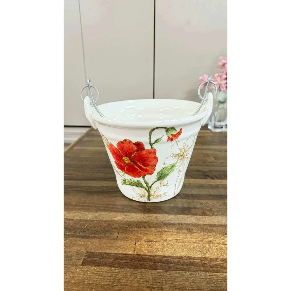 Ceramic Poppy Floral Bucket Planter with Wire Handle and Wood Grip White Red